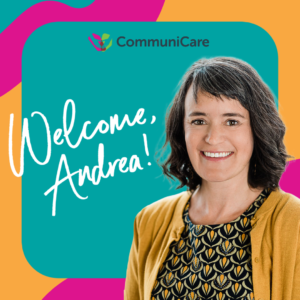 Colorful graphic with image of Andrea Van Hagen and text that reads "Welcome, Andrea!".