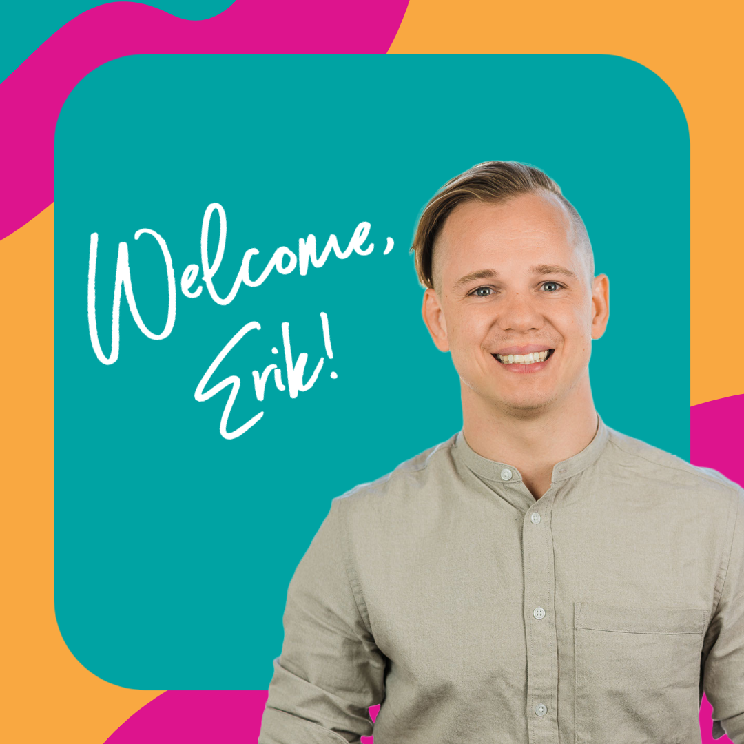 Colorful background with image of Erik and text that reads "Welcome, Erik!"